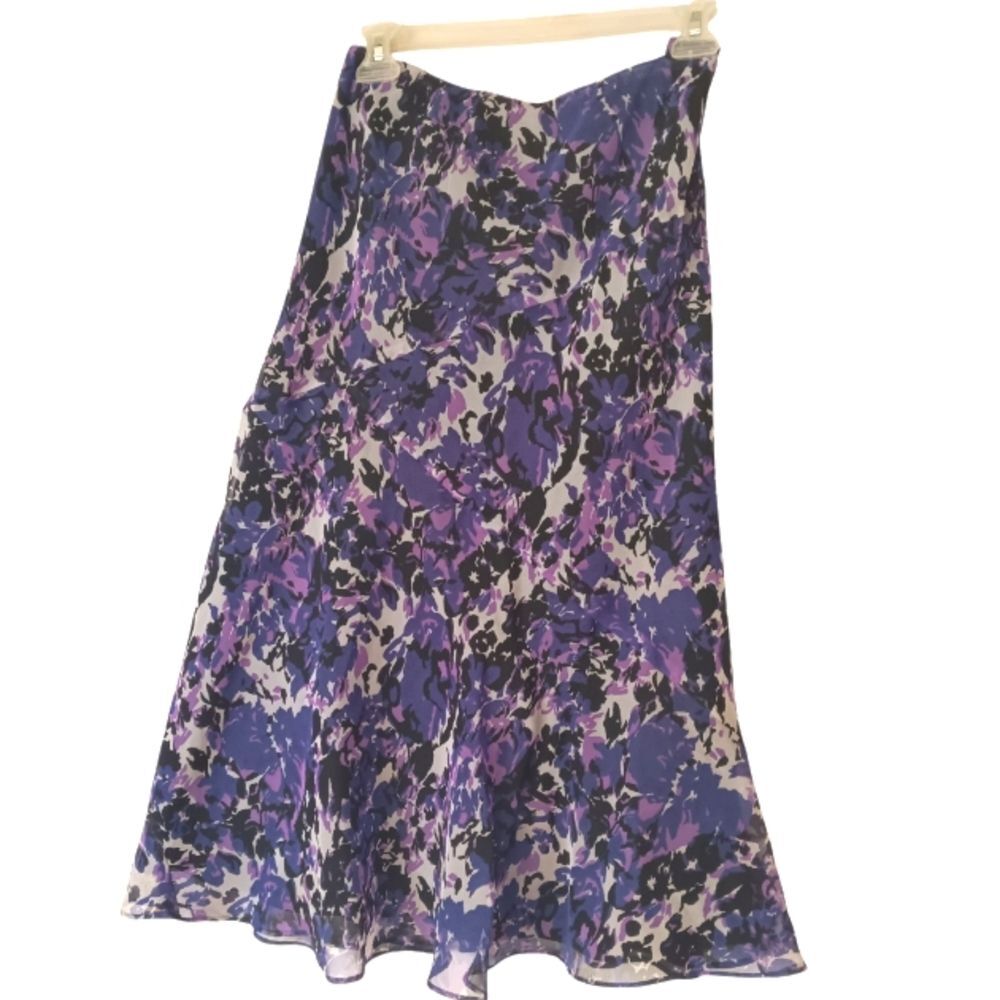 Vintage Purple Floral  Chiffon Flared Hem Fairycore Midi Skirt Sz L